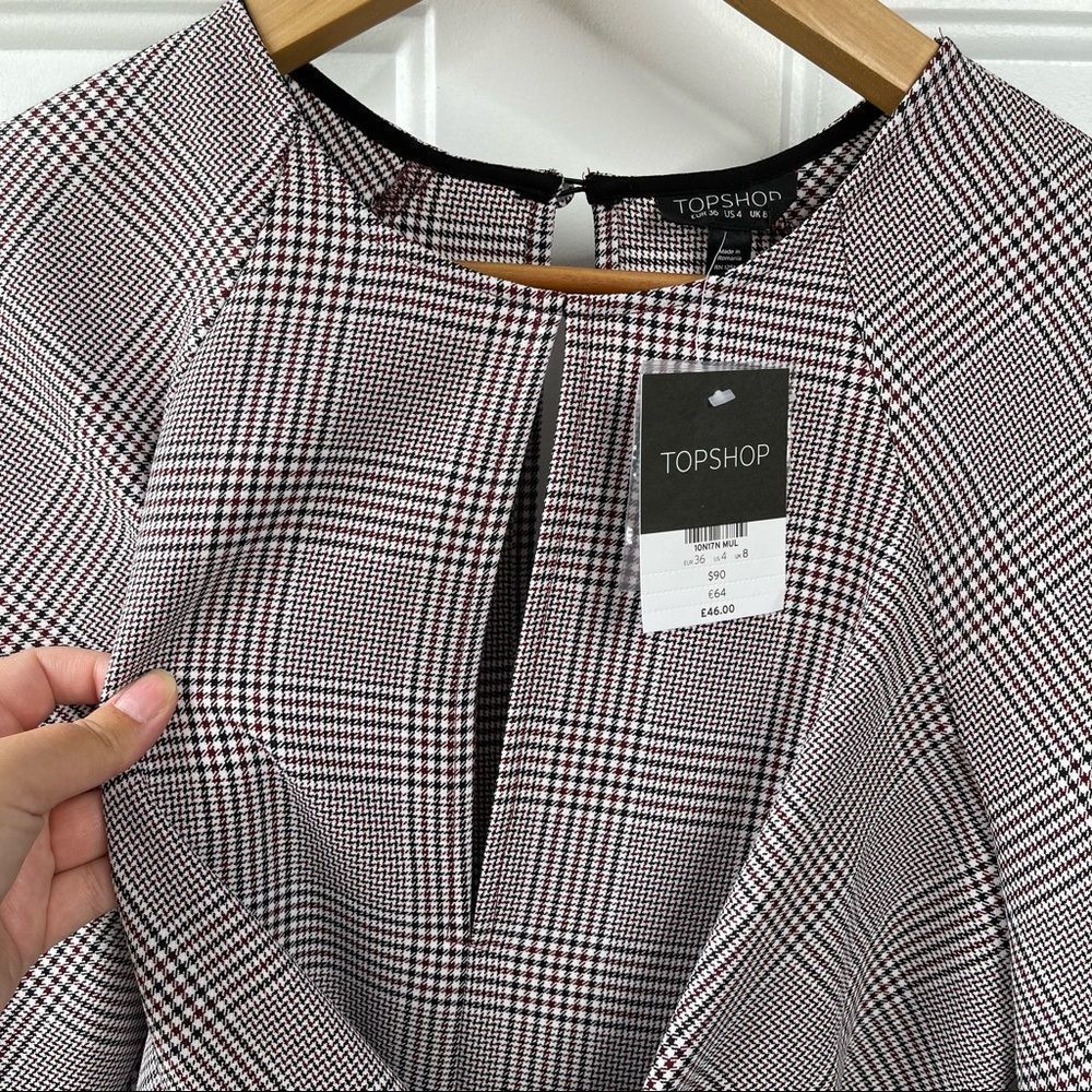 Topshop NEW Houndstooth Front Tie Plaid White Red Mini DresS Size 4 - Picture 3 of 16